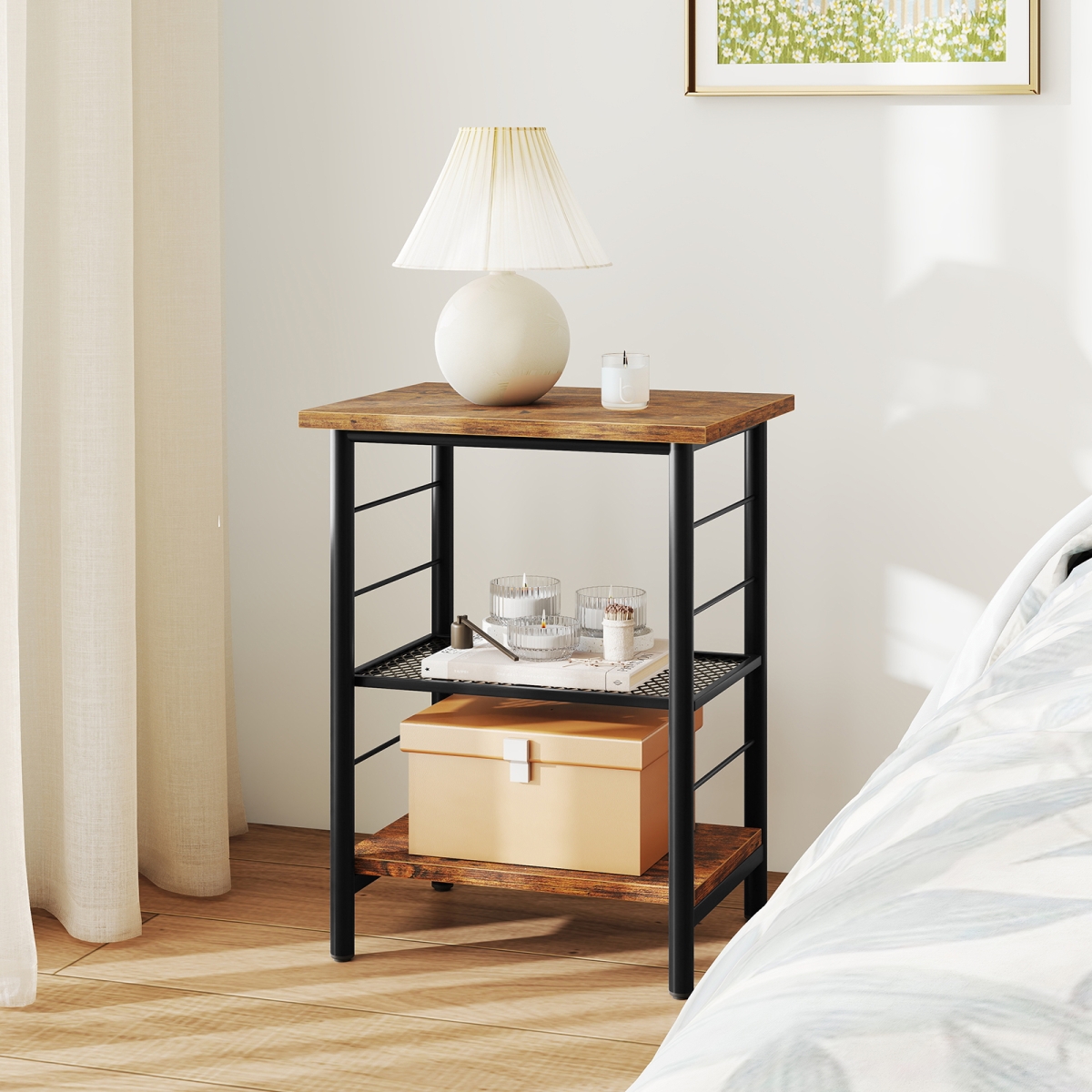 JV12003CF-1 3-Tier End Table Space-Saving Nightstand Industrial Bedside Table for Living Room Bedroom - Rustic Brown