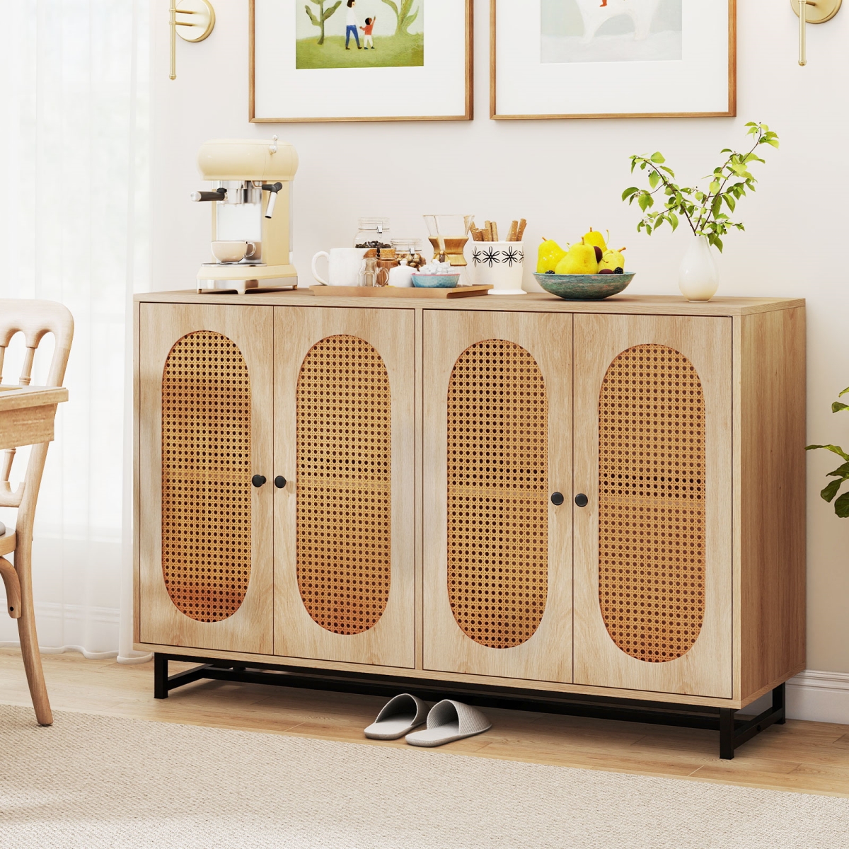 JV12095NA- 50 in. Buffet Sideboard Cabinet with 4 Rattan Doors & Adjustable Shelves - Natural