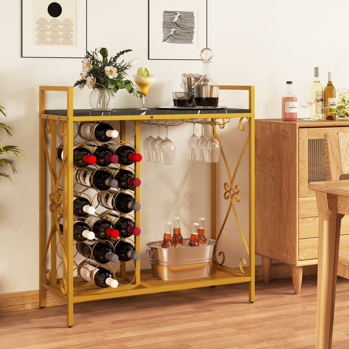 Picture of Costway JV12128DK 21 Freestanding Floor Wine Bottle Wine Rack Organizer with Glass Holder - Golden