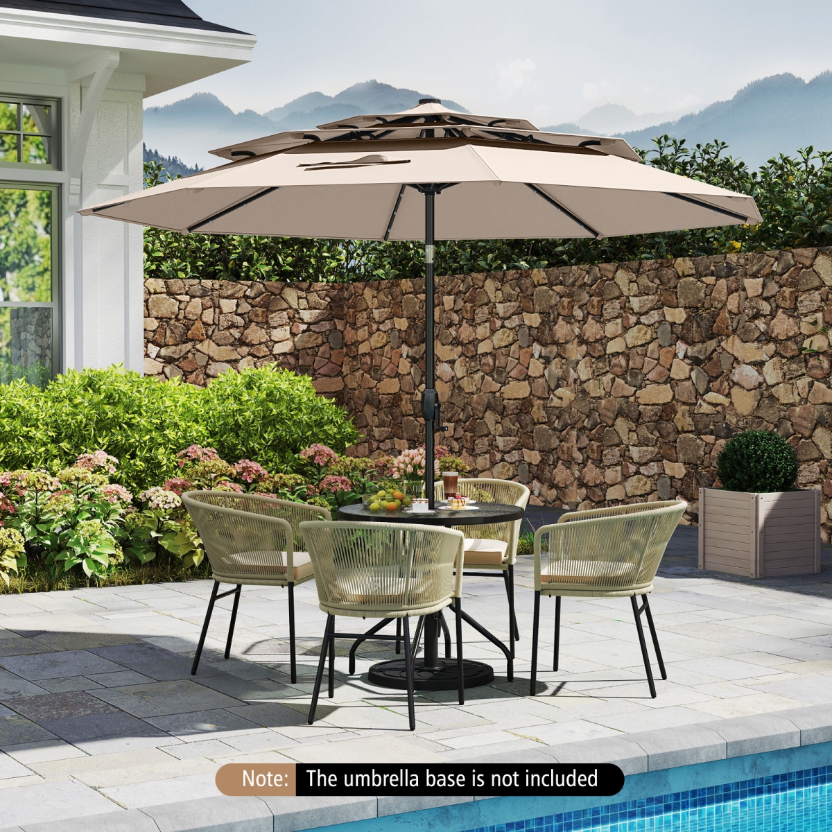 NP11543MS 10 ft. Solar Patio Umbrella with 32 LED Lights 3-Tier Vented Top - Beige
