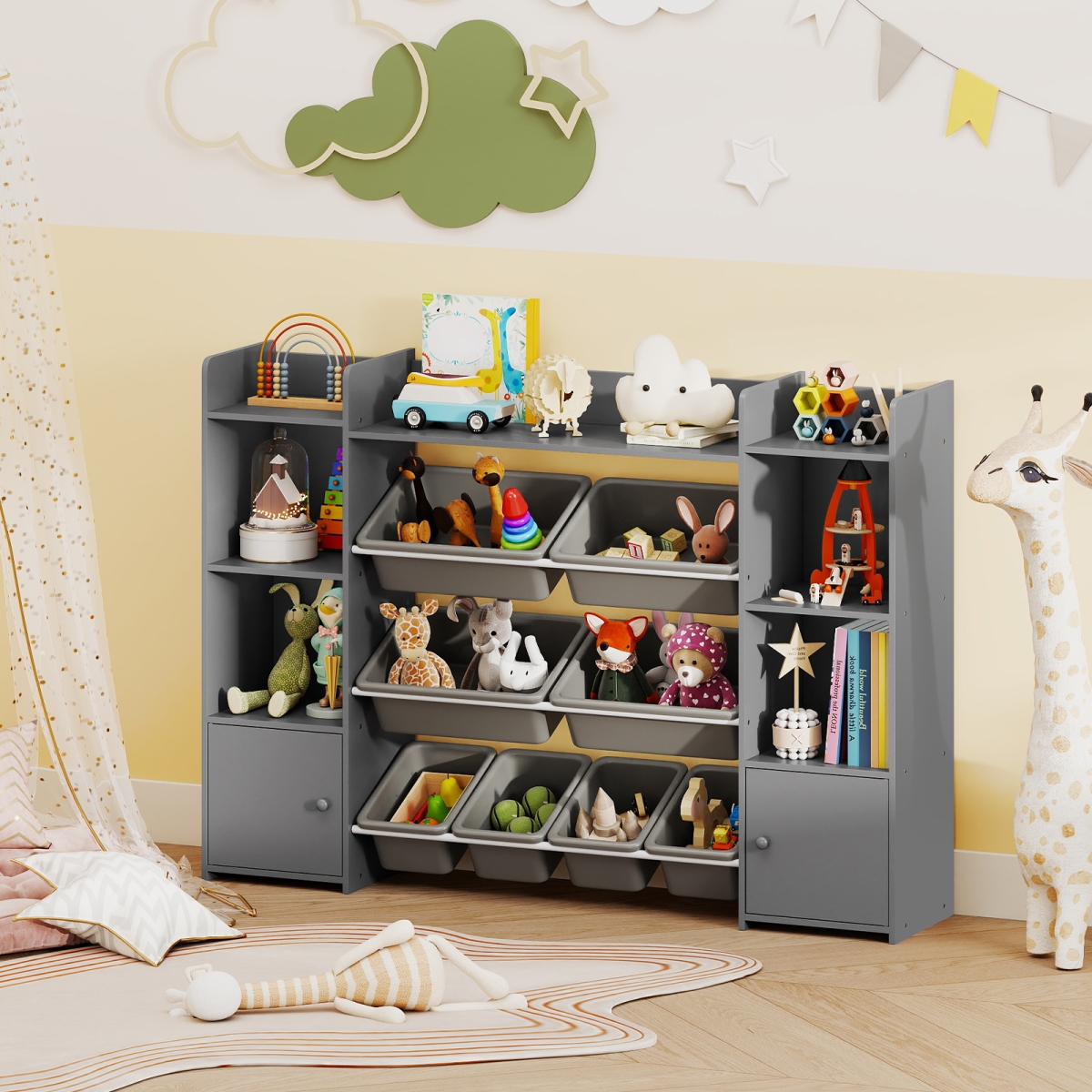 TP10385GR 56 in. Large Toy Storage Organizer with 8 Removable Bins & Bookshelf - Gray