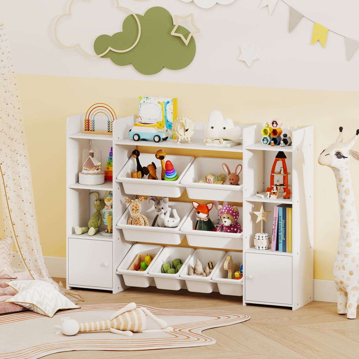 TP10385WH 56 in. Large Toy Storage Organizer with 8 Removable Bins & Bookshelf - White