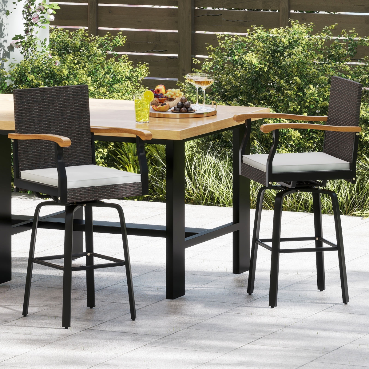 4-HW74678WH Outdoor 360 deg Swivel Bar Stool with Cushion & Acacia Wood Armrests - Set of 4