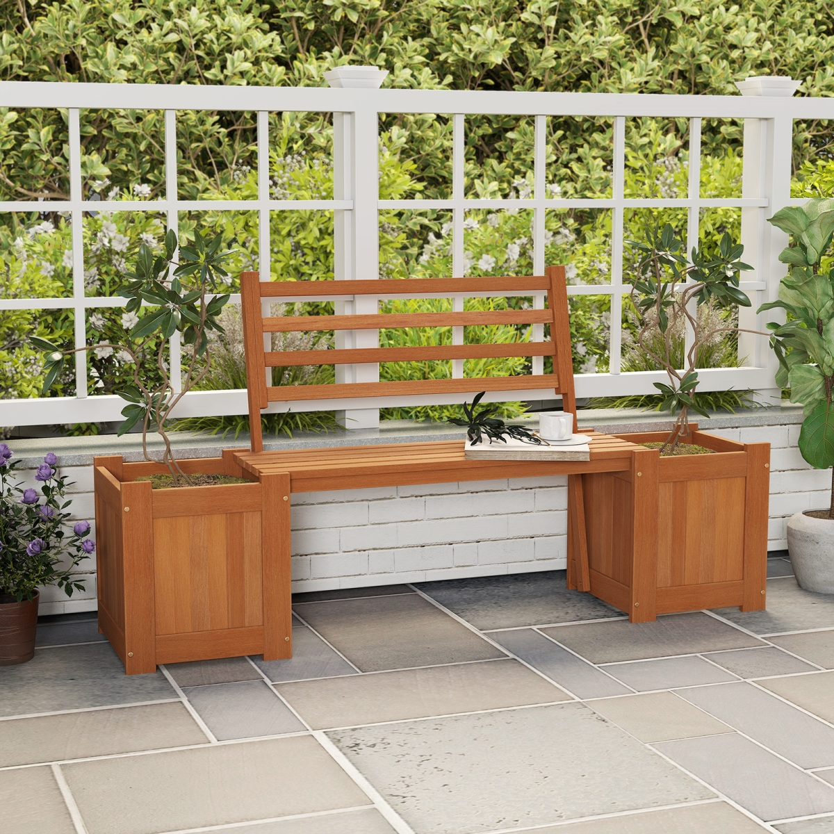 GT4541 Wood Planter Box with Bench & Backrest for Garden Yard Balcony