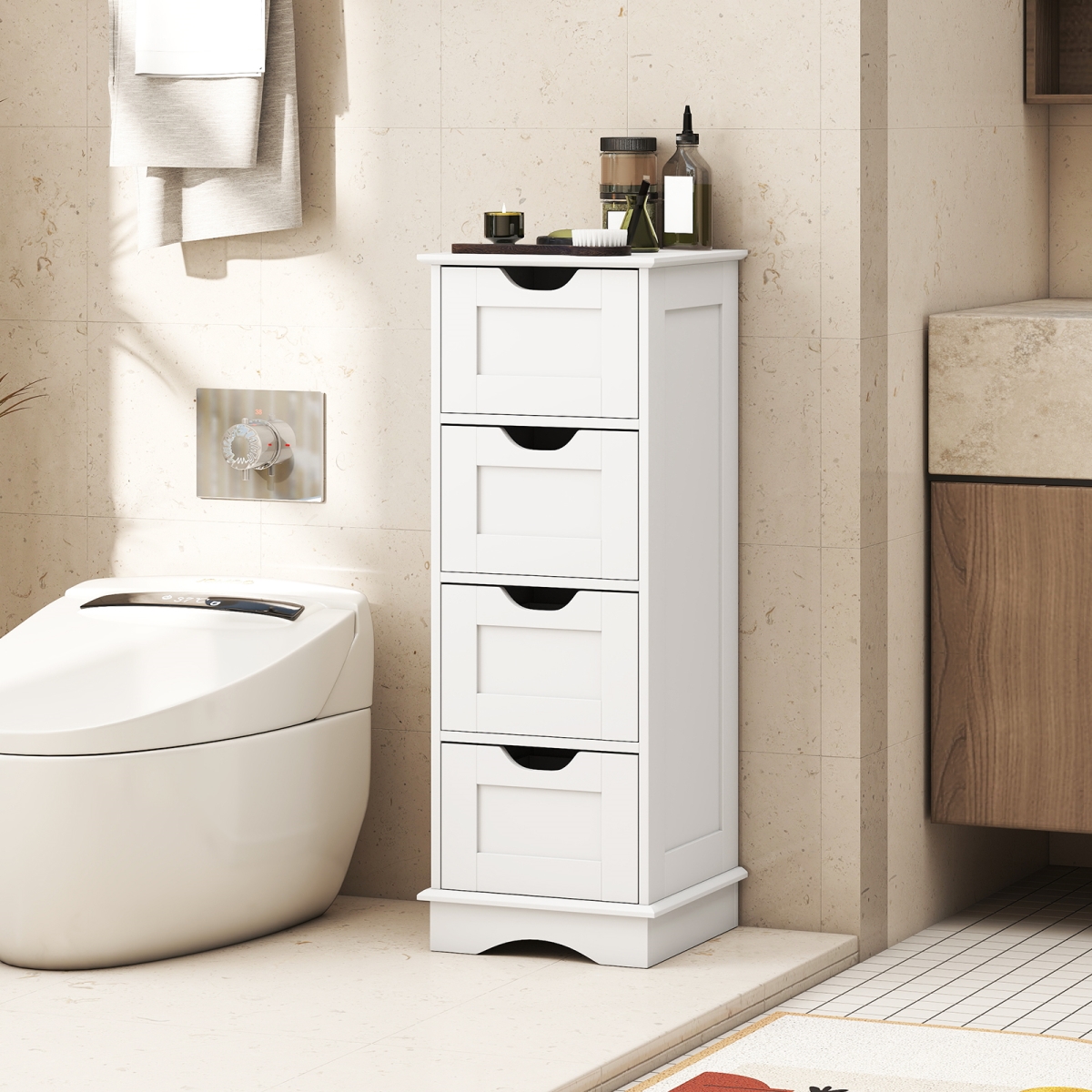 JV12636WH Bathroom Storage Cabinet with Cutout Handles & 4 Drawers - White