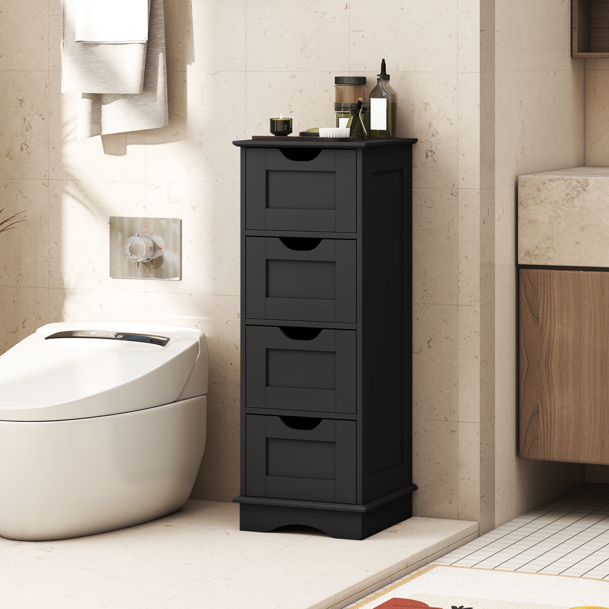 JV12636DK Bathroom Storage Cabinet with Cutout Handles & 4 Drawers - Black