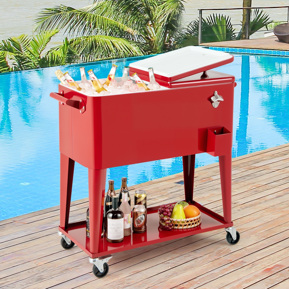 NP12523RD Portable Patio Cooler with Bottom Storage Shelf & Bottle Opener - Red