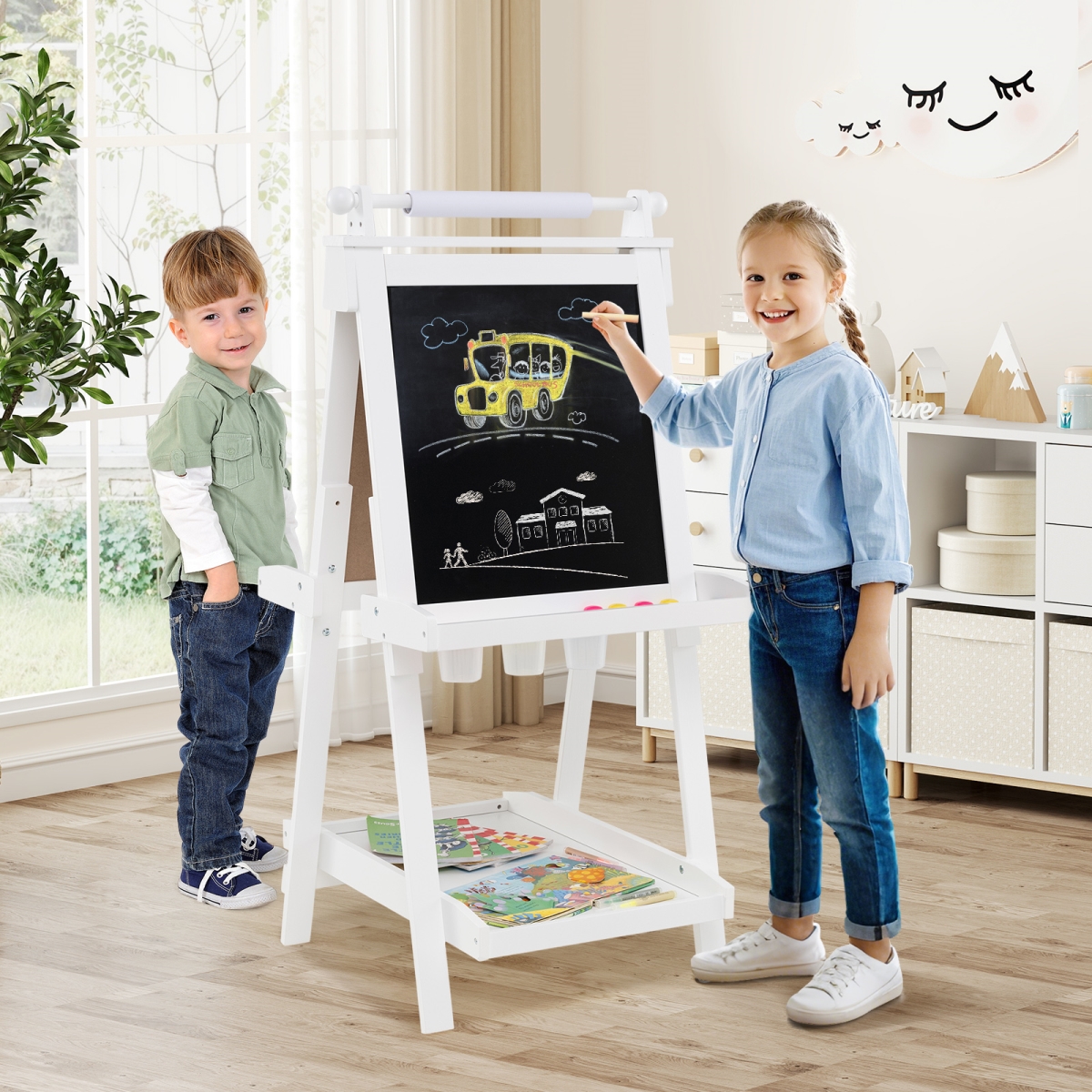 TP10303WH 3-in-1 Double-Sided Art Easel with Chalkboard & Magnetic Whiteboard - White