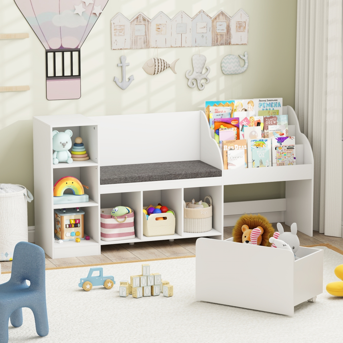 TP10341WH Kids Bookcase with Reading Nook 4-in-1 Standing Toy Organizer - White