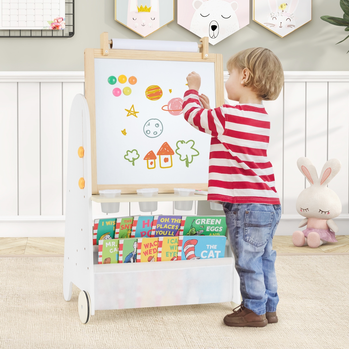 TM10131NA 4-in-1 Toddler Activity Table Set with Magnetic Whiteboard & Chalk Board - Natural