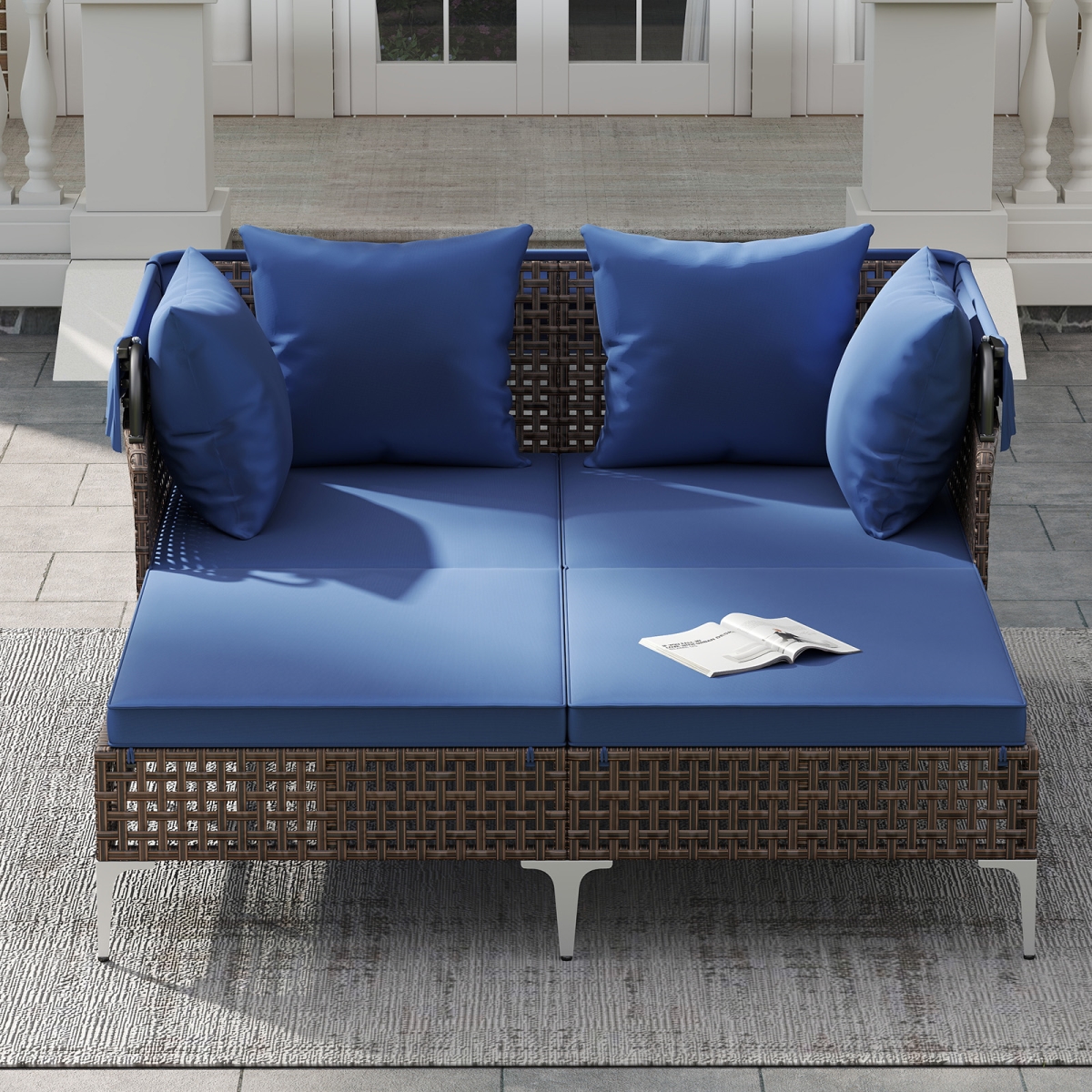HW74338NY Outdoor Daybed with Retractable Canopy PE Wicker Rattan Patio Lounger - Navy