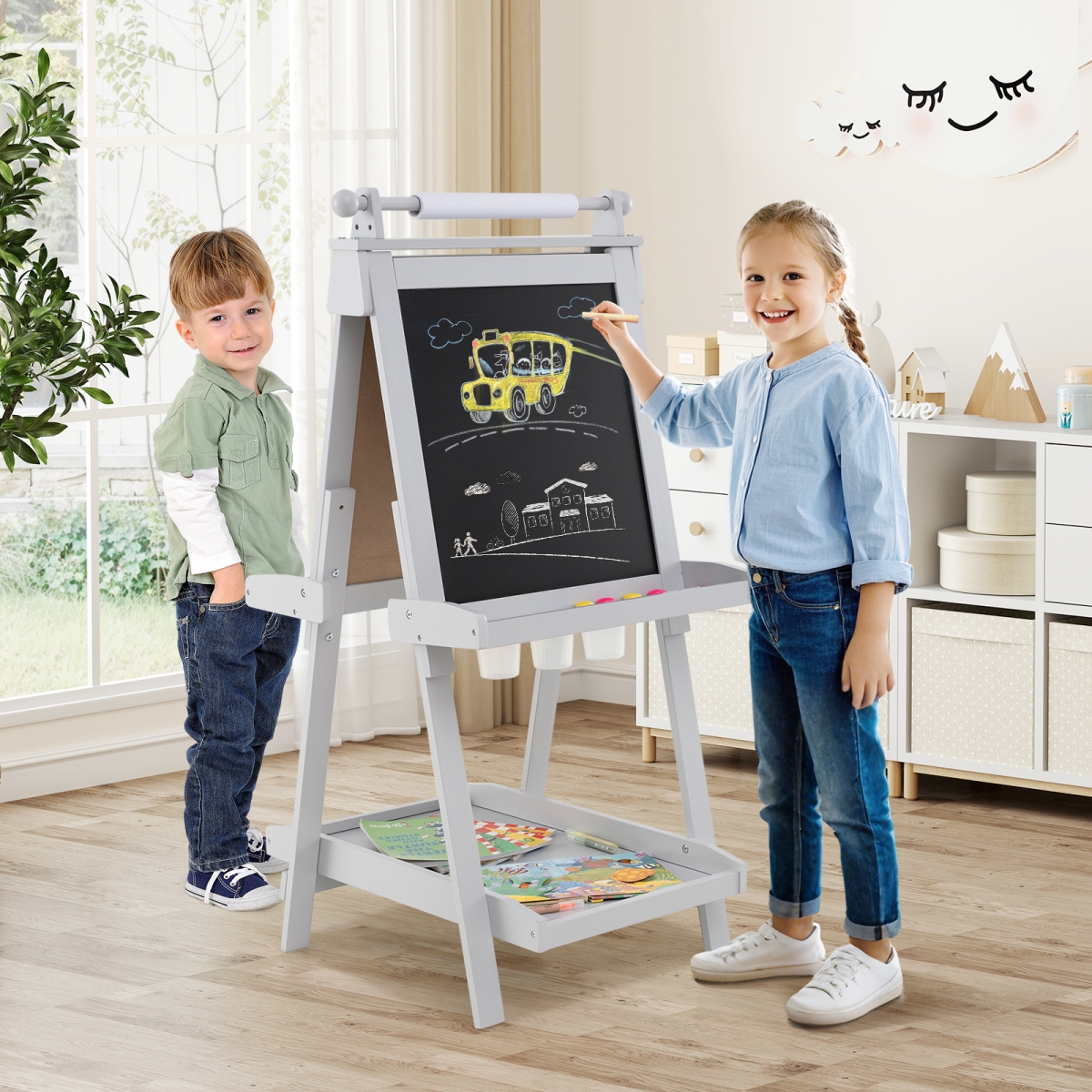 TP10303HS 3-in-1 Double-Sided Art Easel with Chalkboard & Magnetic Whiteboard - Gray