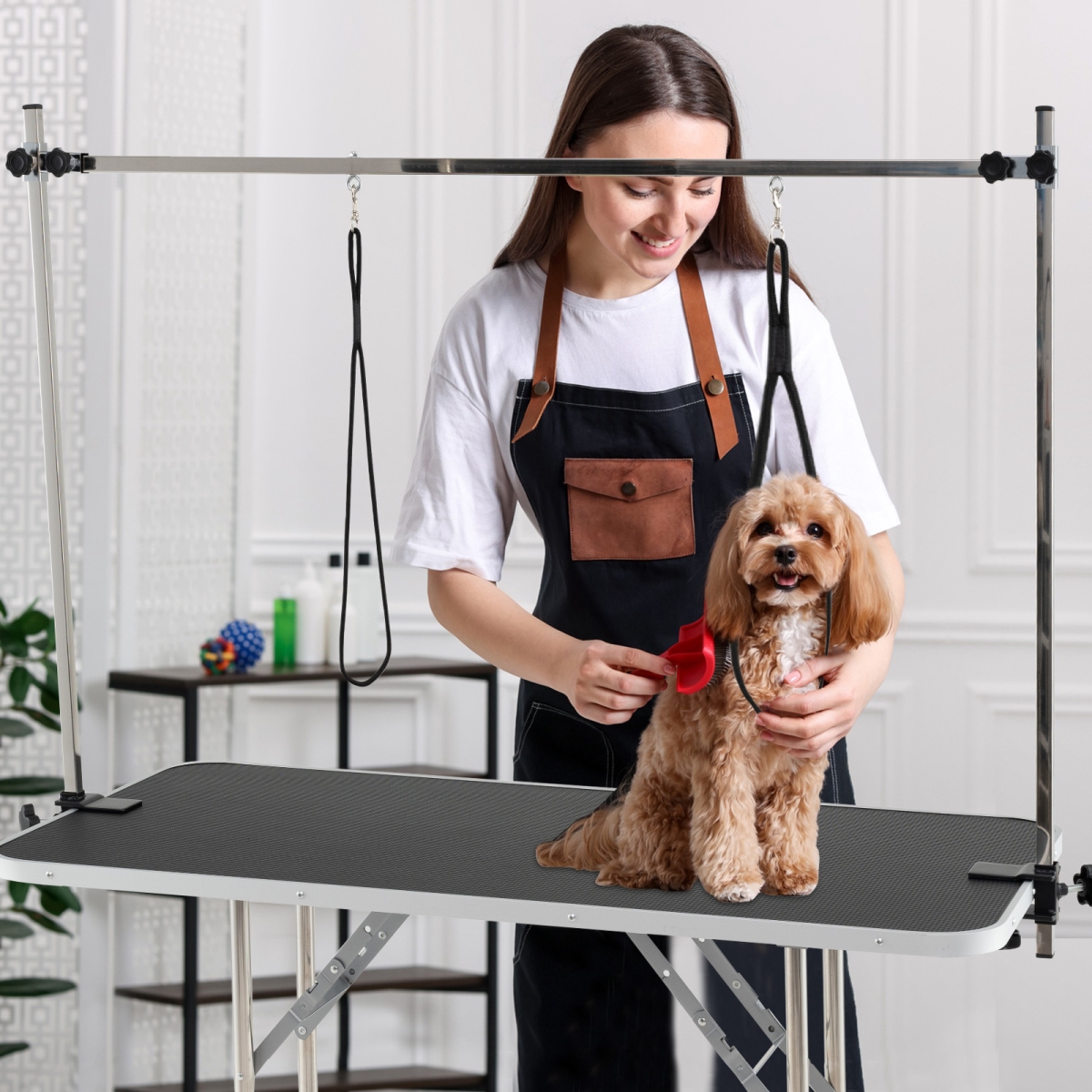 PU10078BK Foldable Dog Grooming Table with Height Adjustable Arms - Black