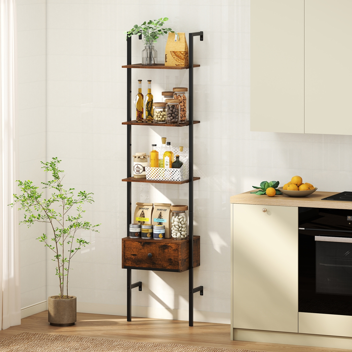 JV12216CF 5-Tier Ladder Bookcase with Drawer & Metal Frame for Study Home Office - Rustic Brown