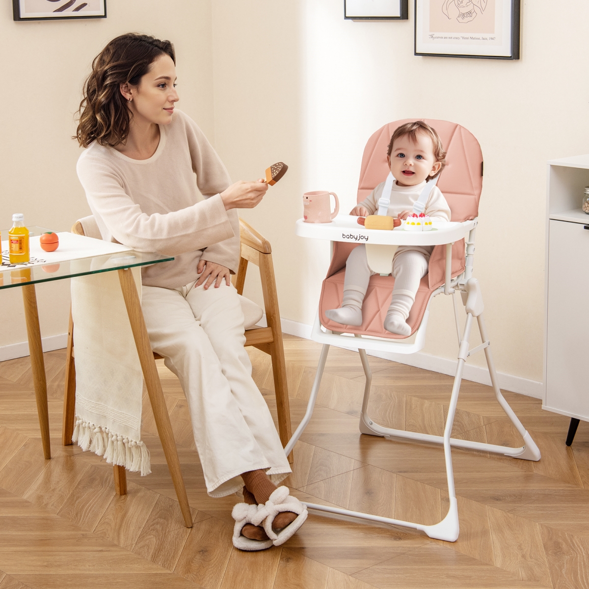 AD10078PI Easy Clean Compact Highchair with Removable Adjustable Tray & PU Seat Cushion - Pink
