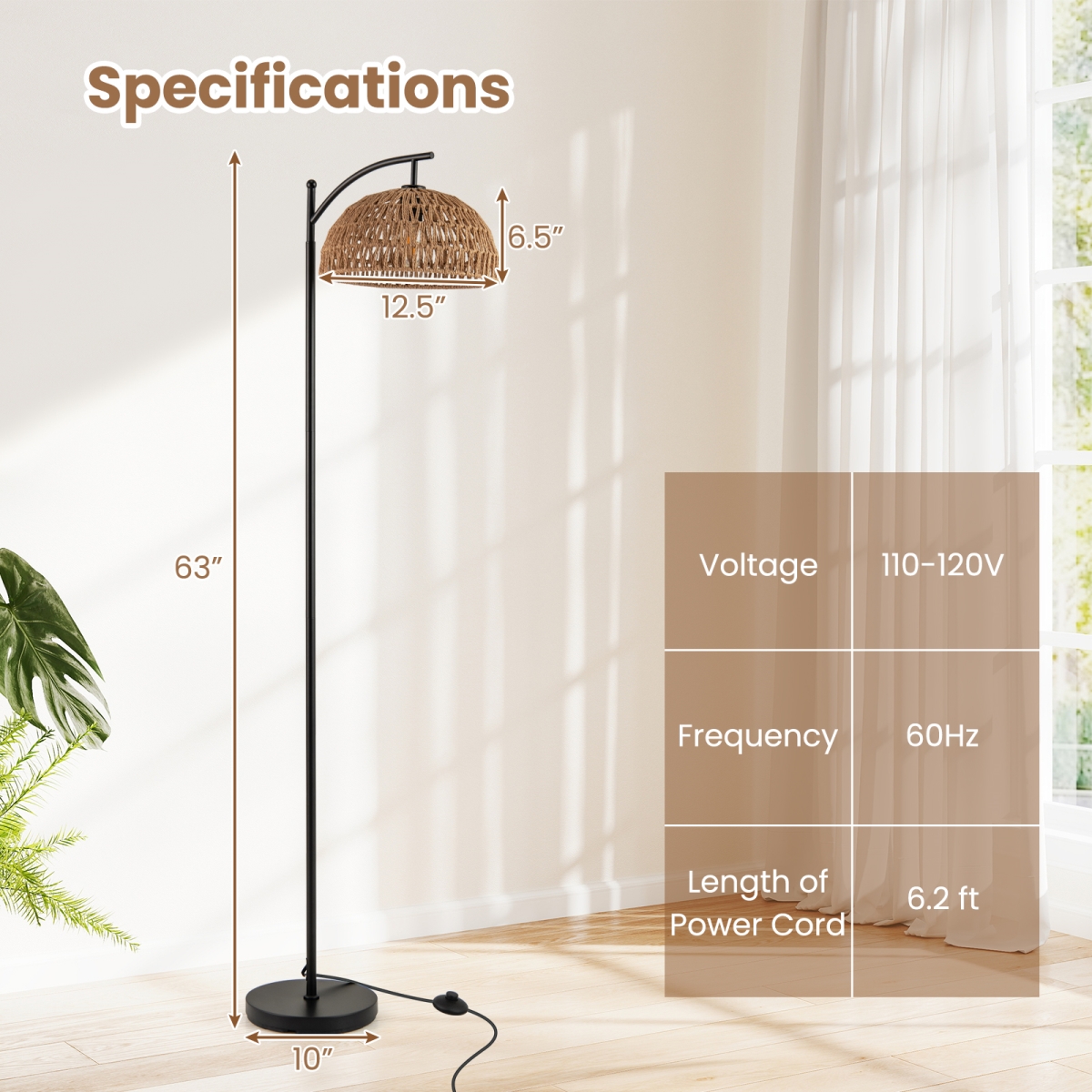 EU10180US-BK Arc Floor Lamp 63 in. Tall Pole with Hanging Lampshade - Black