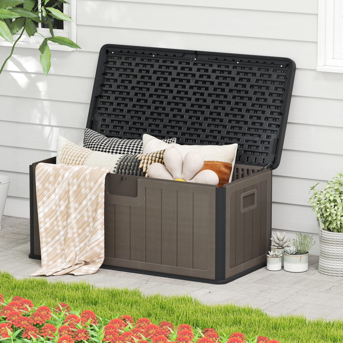 NP12605HZ 100 Gallon Large Deck Box with Lockable Lid for Patio - Black & Brown