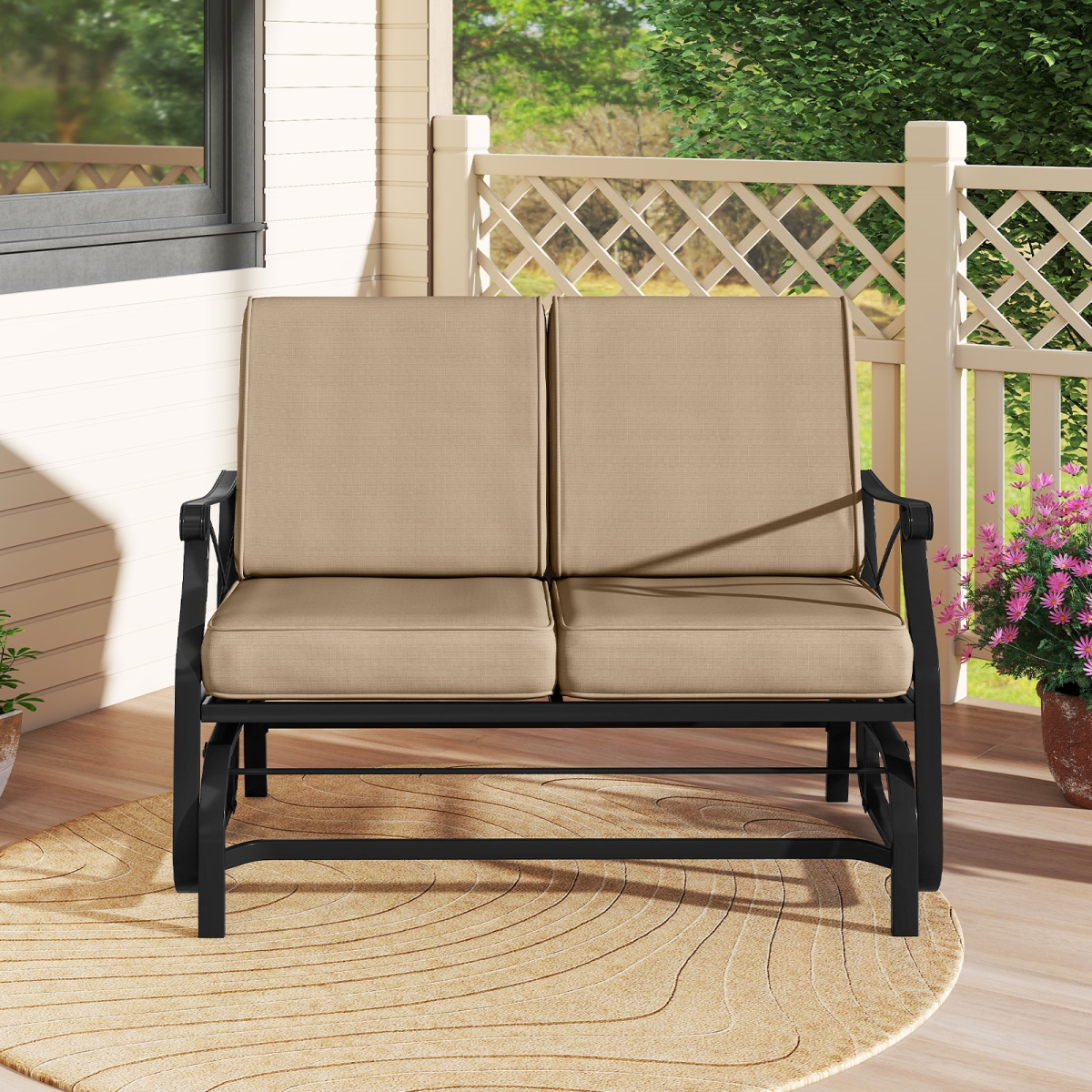 NP12161CF Outdoor 2-Person Glider Rocking Chair Loveseat with Thick Cushions & Metal Frame - Brown