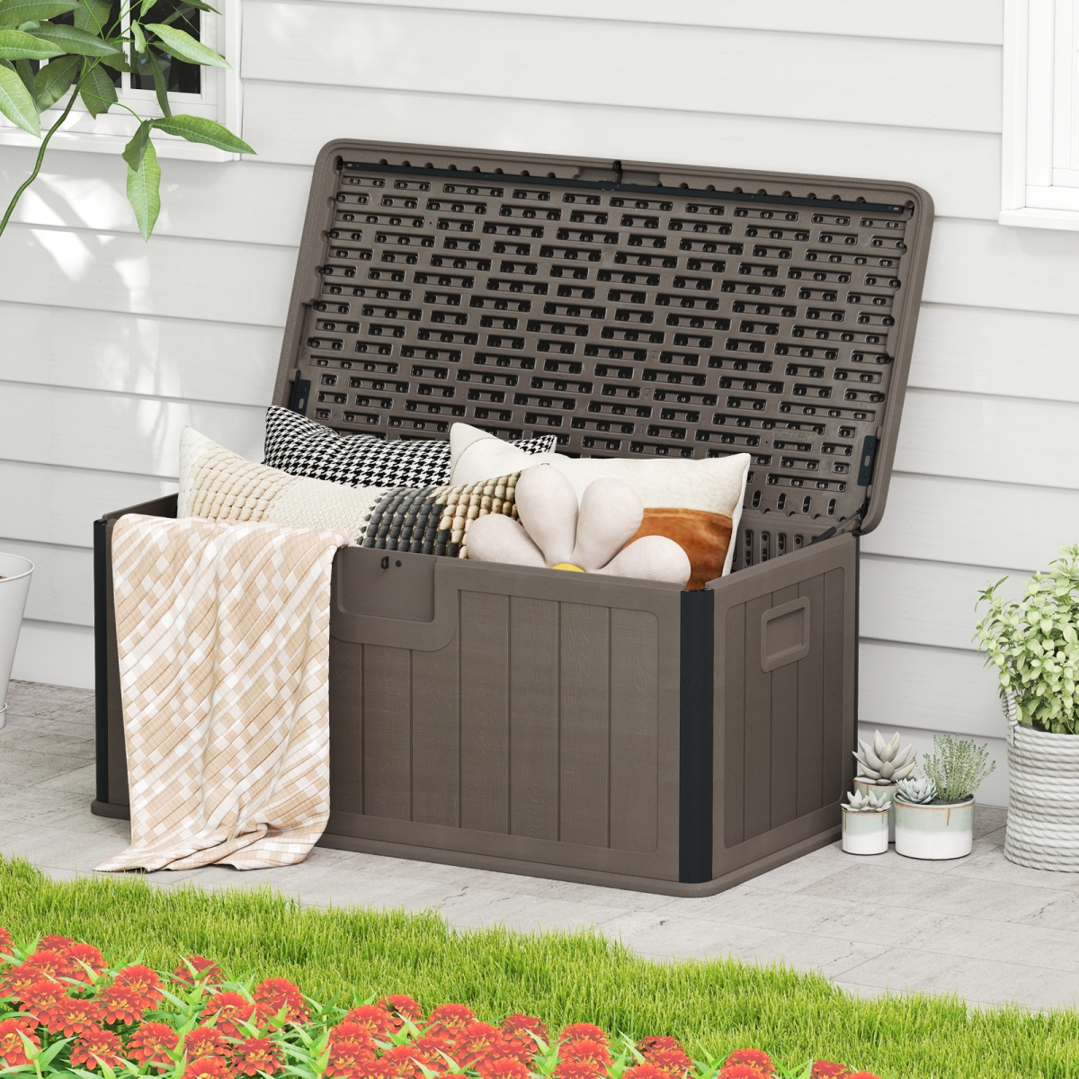 NP12605CF 100 Gallon Large Deck Box with Lockable Lid for Patio - Brown