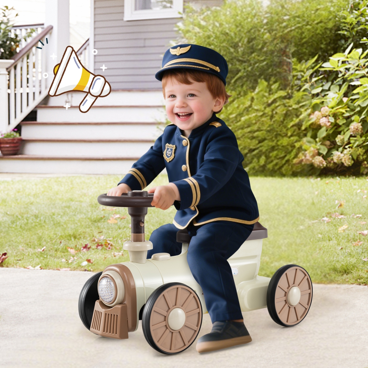 TQ10357MS Ride on Toy with Steering Wheel & Train Whistle Sound Button - Beige