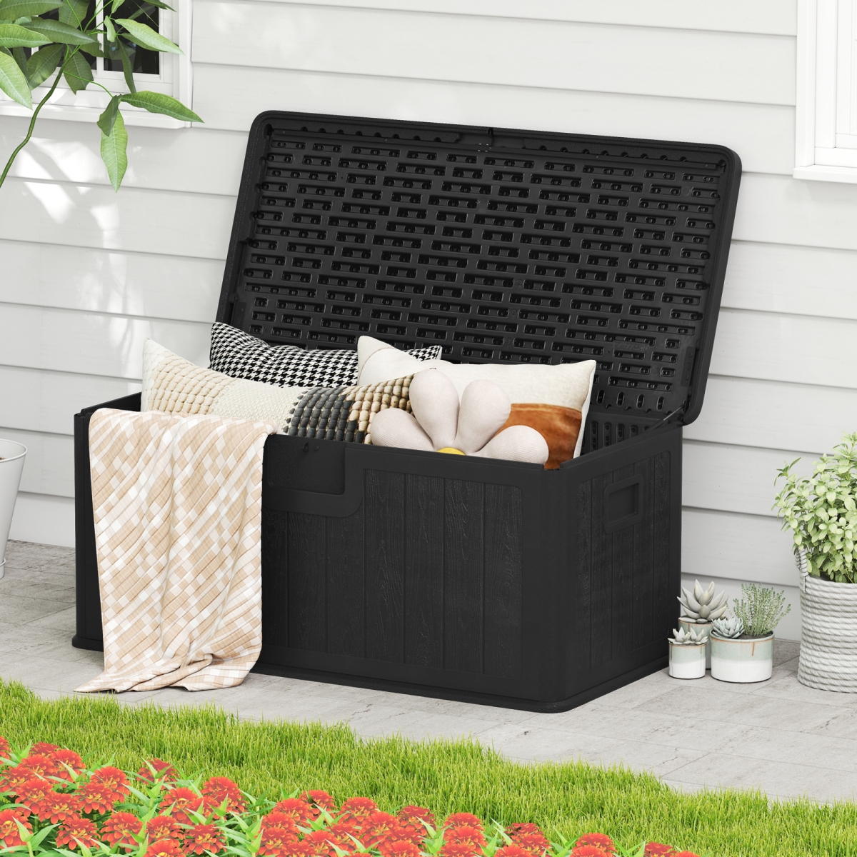 NP12605DK 100 Gallon Large Deck Box with Lockable Lid for Patio - Black