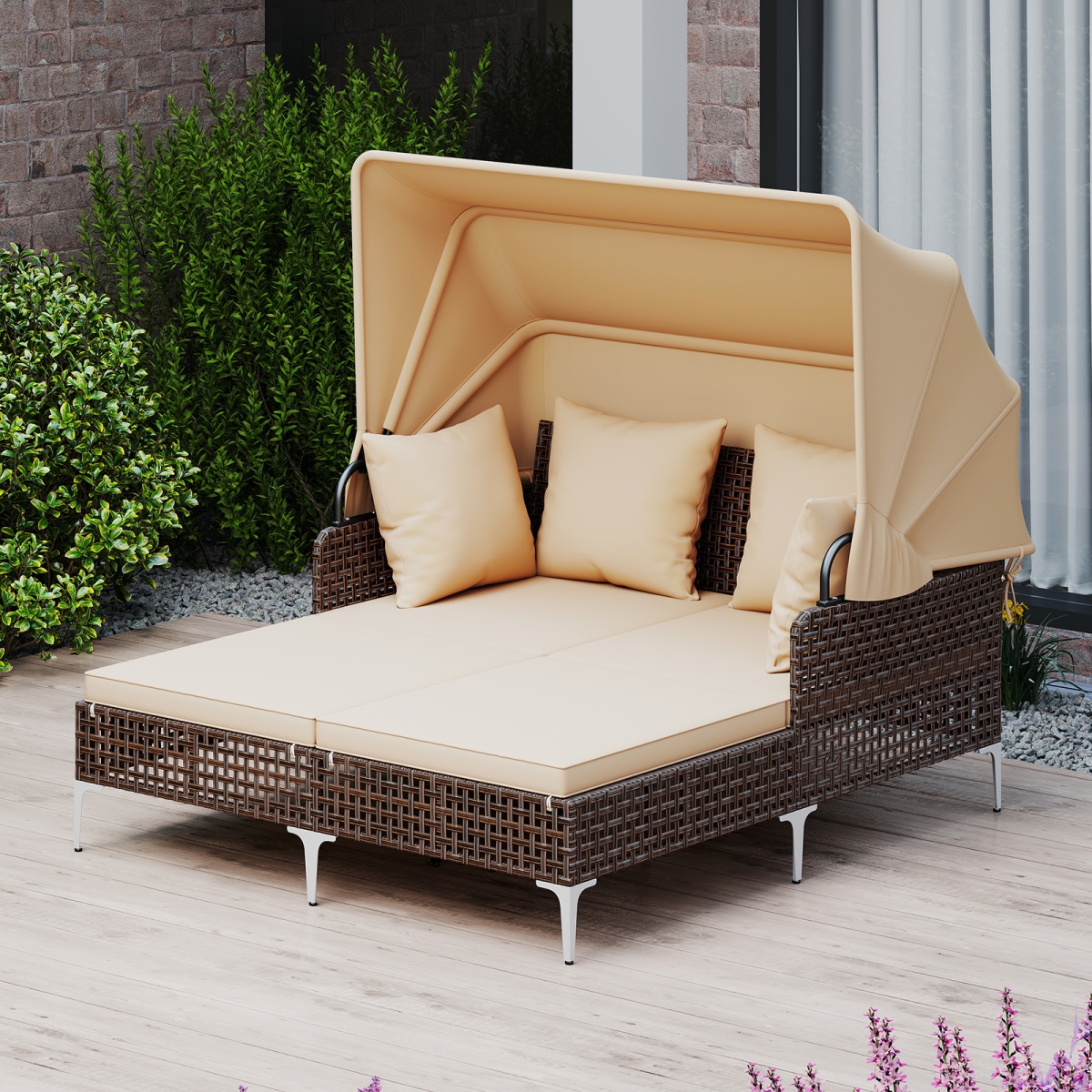 HW74338BN Outdoor Daybed with Retractable Canopy PE Wicker Rattan Patio Lounger - Brown