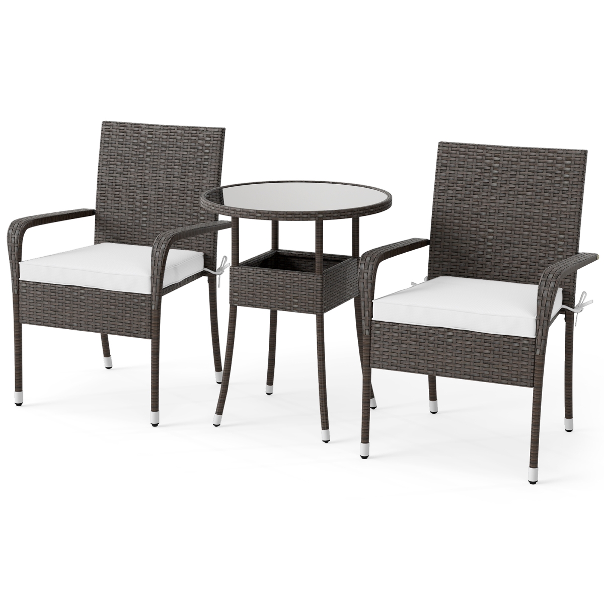 HW74552WH Patio Furniture Set with PE Rattan Wicker Chairs with Tempered Glass Top Table - White - 3 Piece