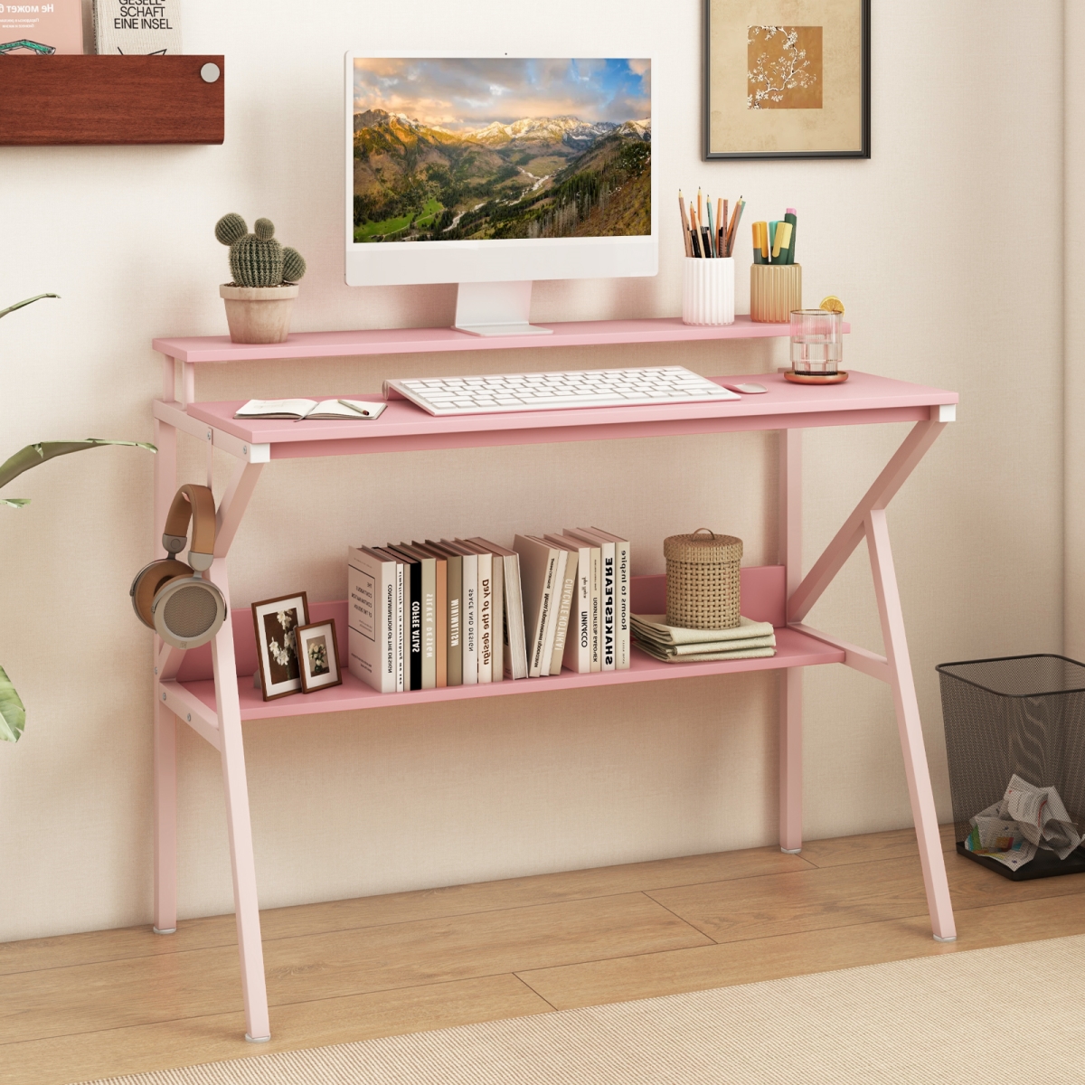 CB10771PI Space Saving Computer Desk with Monitor Stand & Extra Storage Shelf for Work Study, Pink