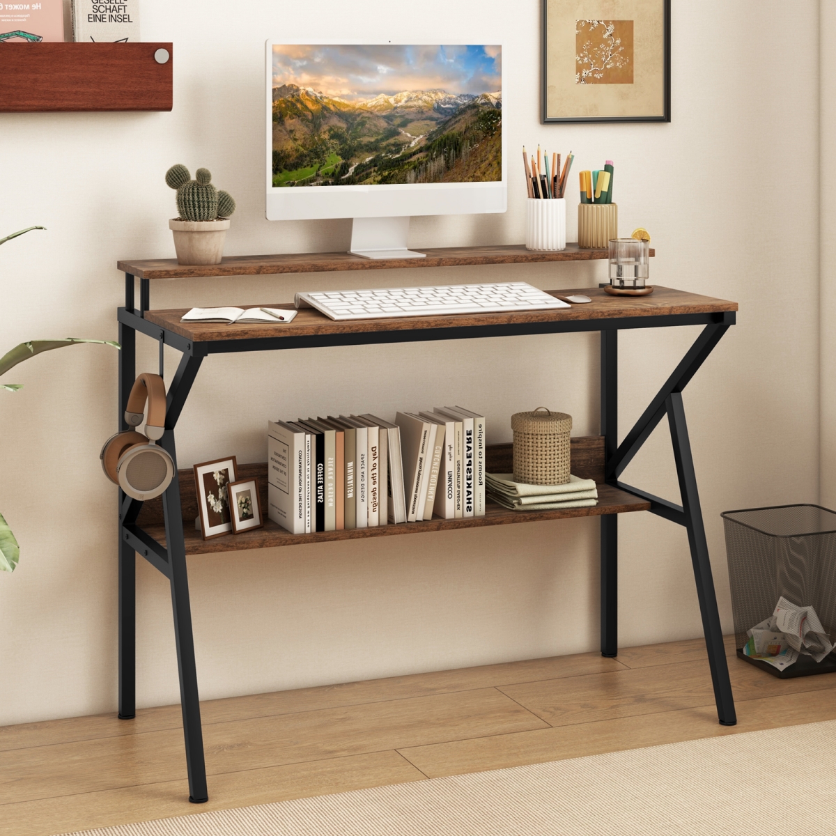 CB10771CF Space Saving Computer Desk with Monitor Stand & Extra Storage Shelf for Work Study, Rustic Brown