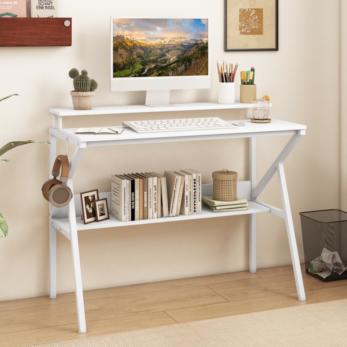 CB10771WH Space Saving Computer Desk with Monitor Stand & Extra Storage Shelf for Work Study, White