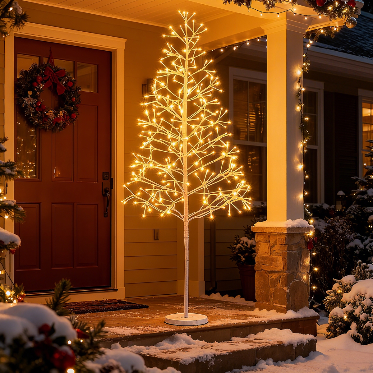 CM25141US-M 5 ft. Lighted Birch Tree Pre-Lit Twig Tree with 240 Warm White Light LED Lights, White