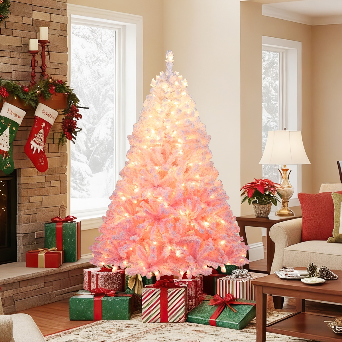 CM25171US-PI6 6 ft. Artificial Christmas Tree with Warm LED Lights & 8 Modes for Holiday, White & Pink