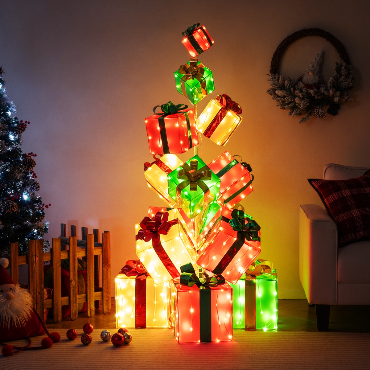 CM25178CA Lighted Christmas Boxes with Bowknot & 483 LED Light Bulbs for Indoor Outdoor, Red, Green & Gold - 15 Piece