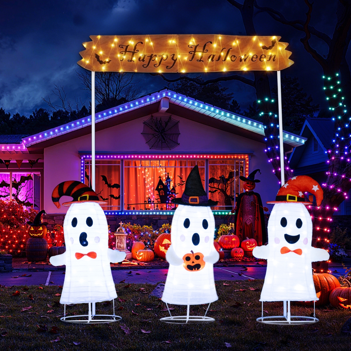 CM25125US Halloween Decoration Pop Up Ghosts with Gate & LED Lights - 4 Piece