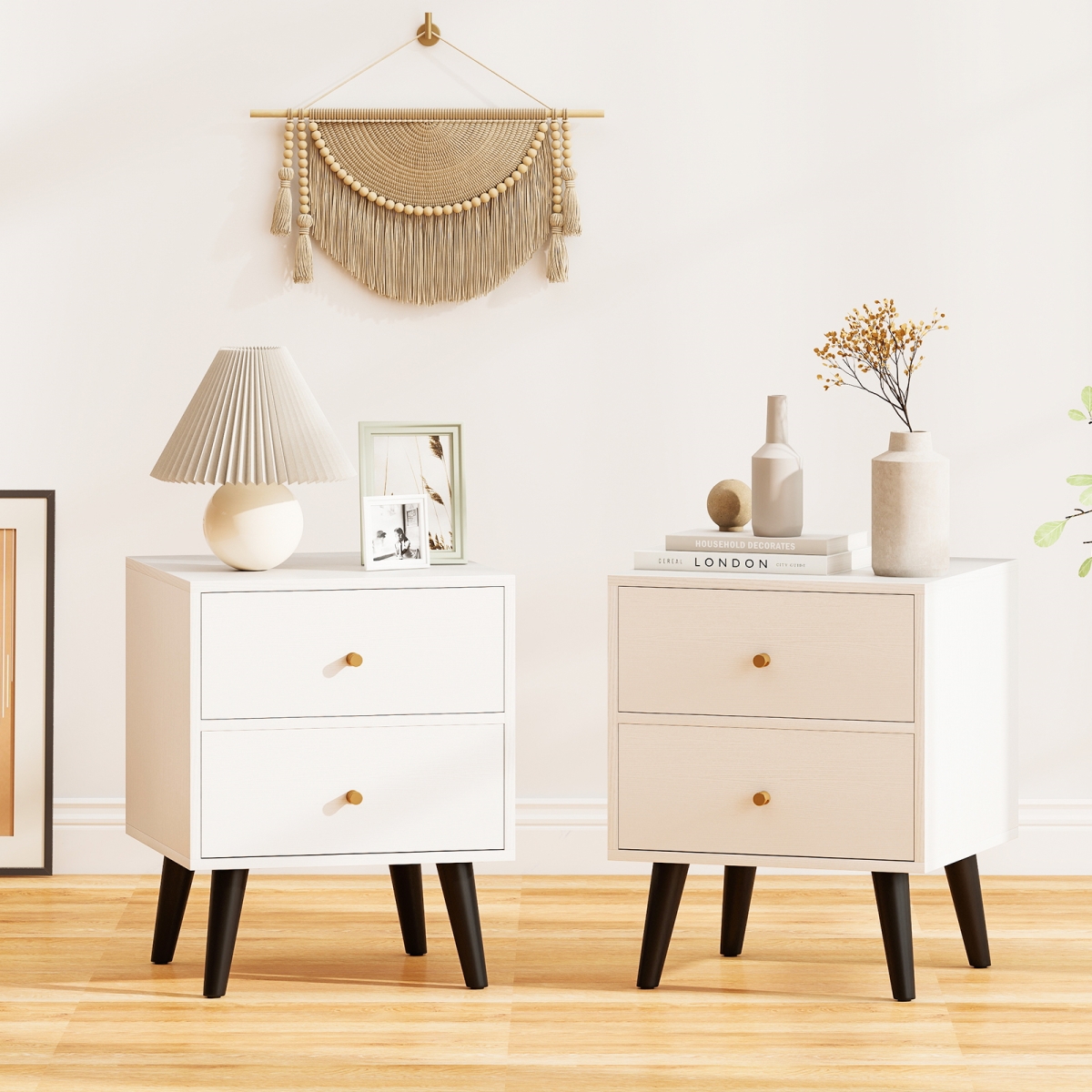 2-HU11184WH Nightstand Mid Century Modern Bedside Table with Golden Knobs & Raised Support Legs, White & Black - Set of 2