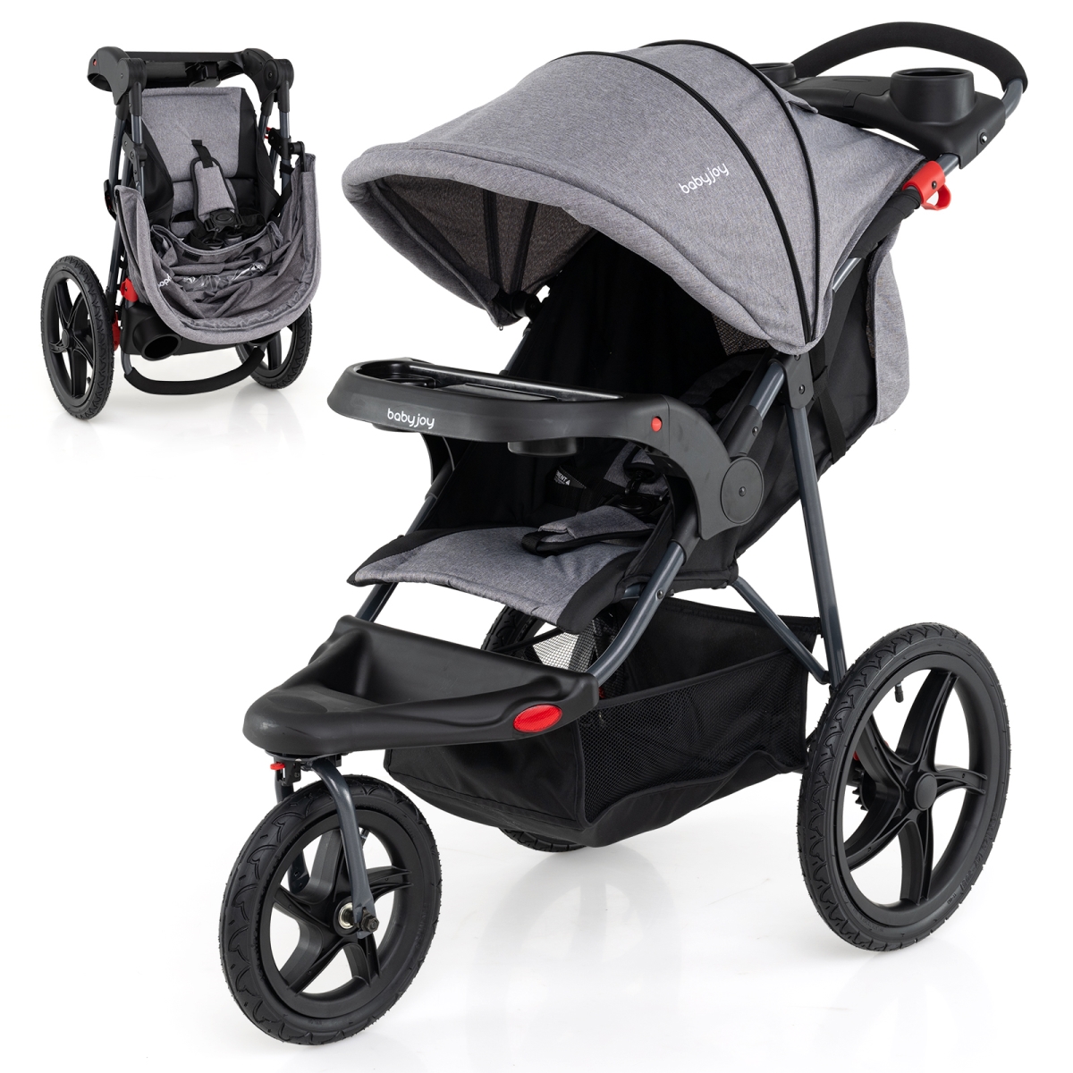 BC10276US-GR Foldable Jogging Stroller with Detachable Tray & Air-Filled Rubber Tires, Gray