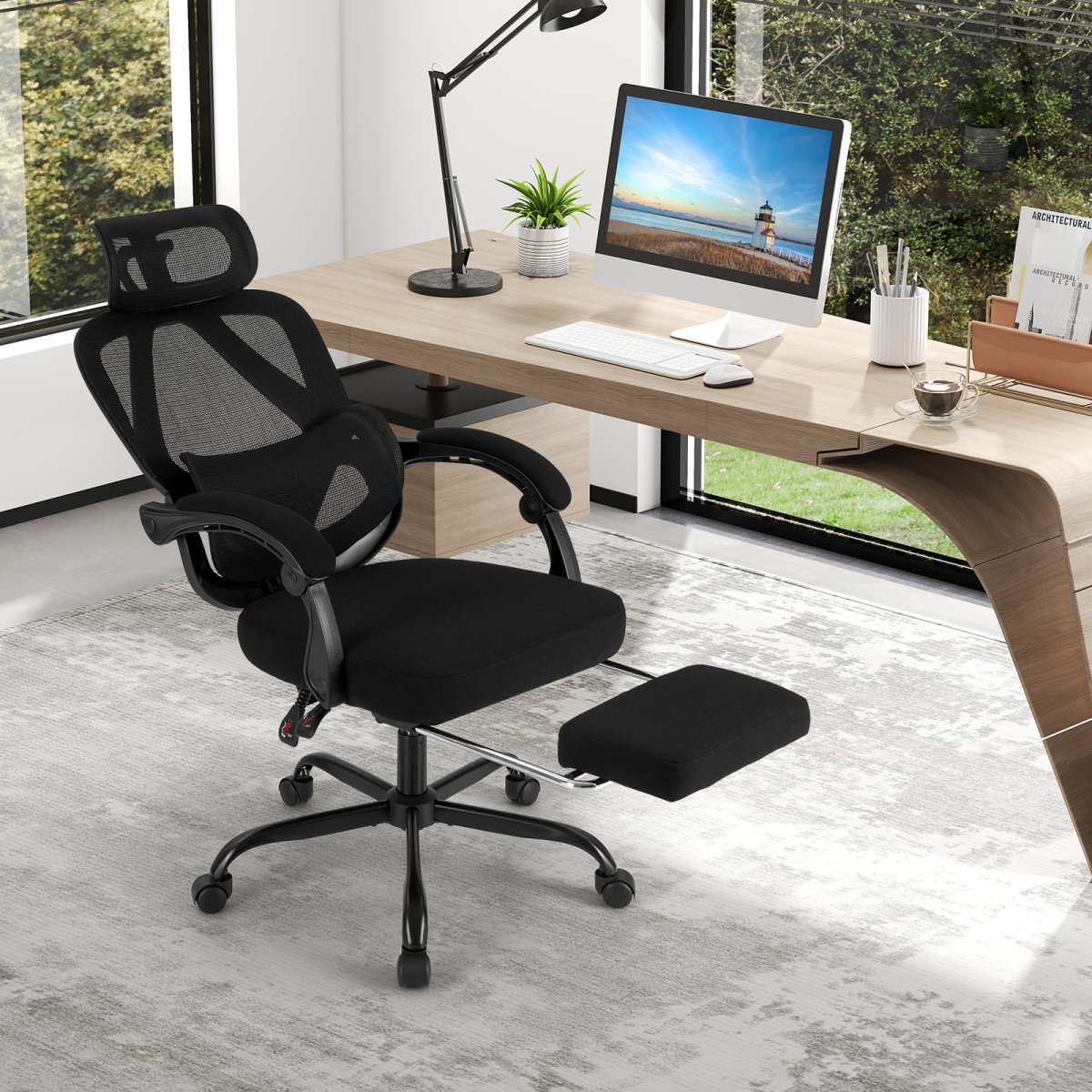 CB10916DK Ergonomic Office Chair - High Back Mesh Desk Chair with Retractable Footrest, Black