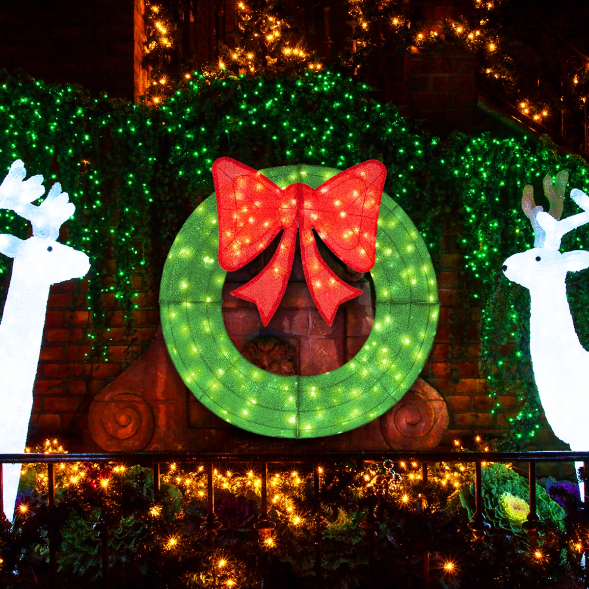 CM24767US-GN 48 in. Pre-Lit Lighted Christmas Mesh Wreath with Bow & 200 LED Bulbs, Green
