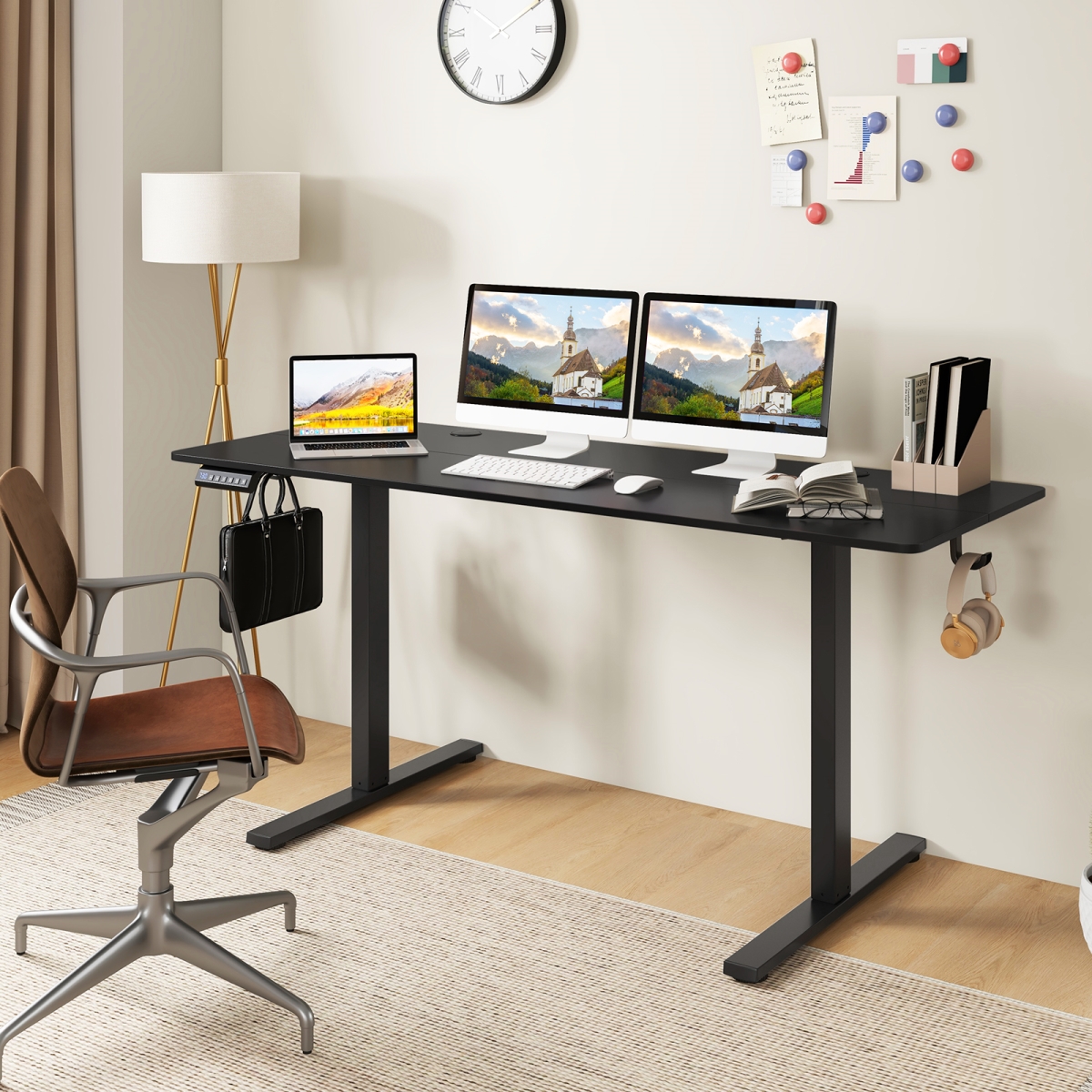 CB10758US-DK Electric Standing Desk with 3 Memory Heights & 2 Hanging Hooks & Cable Holes, Black