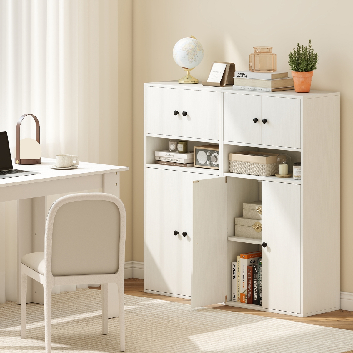 2-CB10959WH 44 in. Tall Bookshelf with Doors & Adjustable Shelf, White - 2 Piece