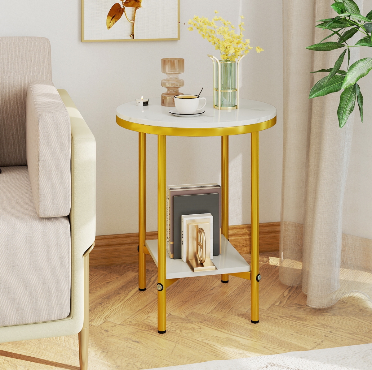 2-JV13301WH 2-Tier Round Coffee Table with Storage Shelf, White & Gold - Set of 2