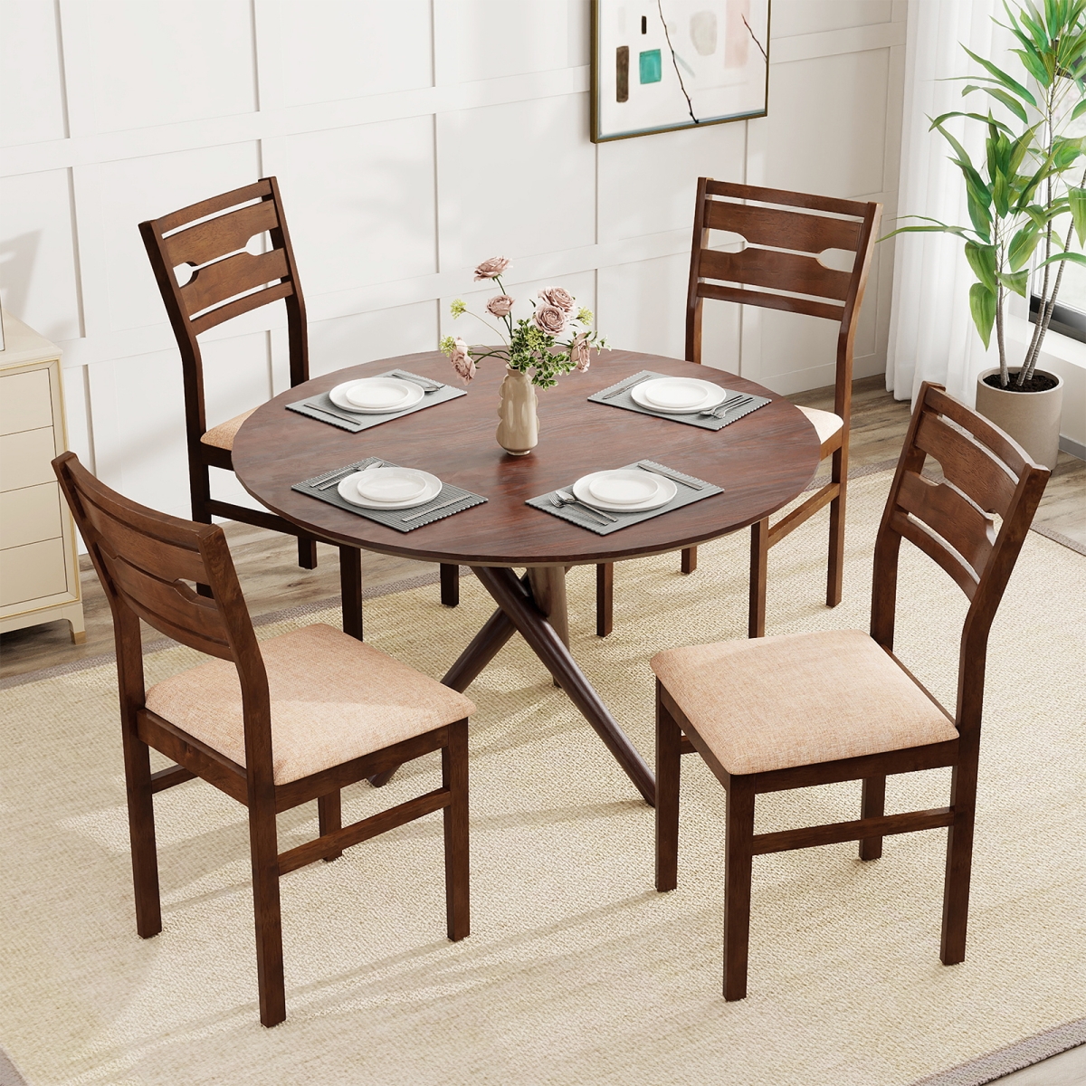 2-KC59209WN Dining Chair with Rubber Wood Frame & Padded Seat with 4 Chairs, Deep Brown & Light Brown - Set of 2