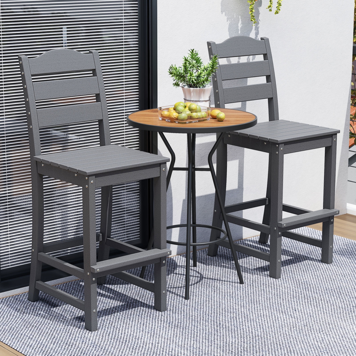 2-NP10896GR 30 in. HDPE Outdoor Counter Height Bar Stools with Backs, Gray - Set of 2