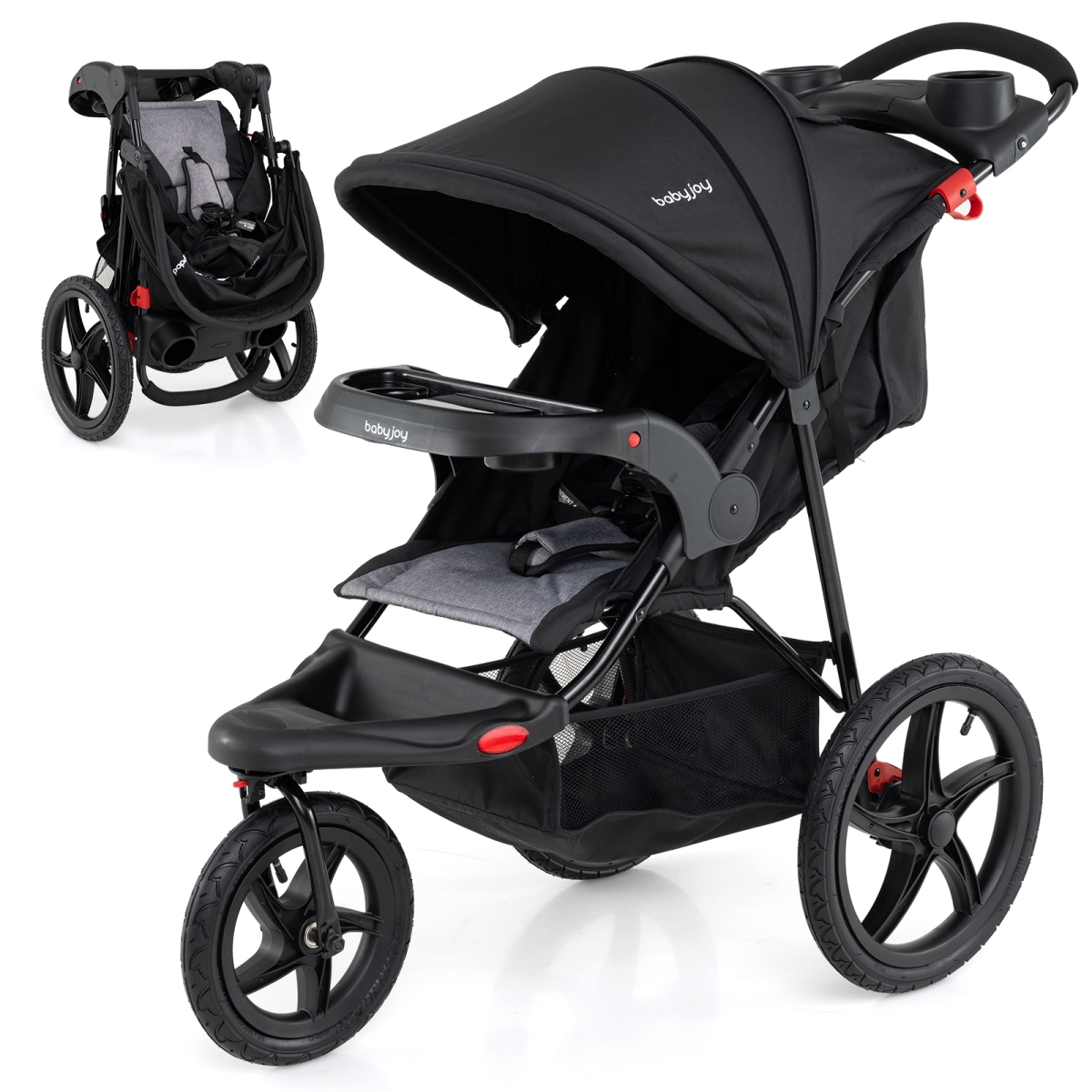 BC10276US-DK Foldable Jogging Stroller with Detachable Tray & Air-Filled Rubber Tires, Black