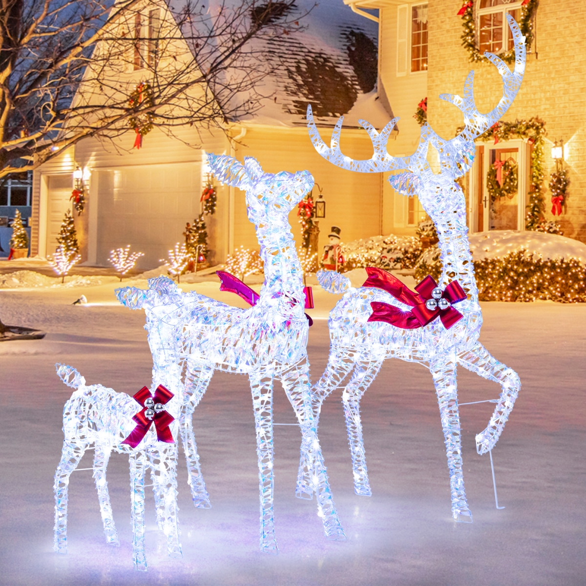 CM25116US Christmas Lighted Iridescent Reindeer Family Set with 215 Cold White LED Lights & Ground Stakes - 3 Piece