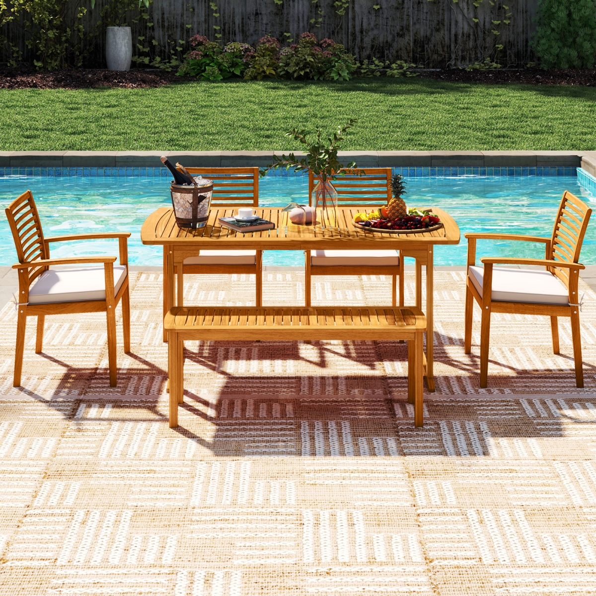 2-HW74374WH-2-HW74375-1-HW74376 Outdoor Acacia Wood Dining Set with Umbrella Hole, Natural - 6 Piece