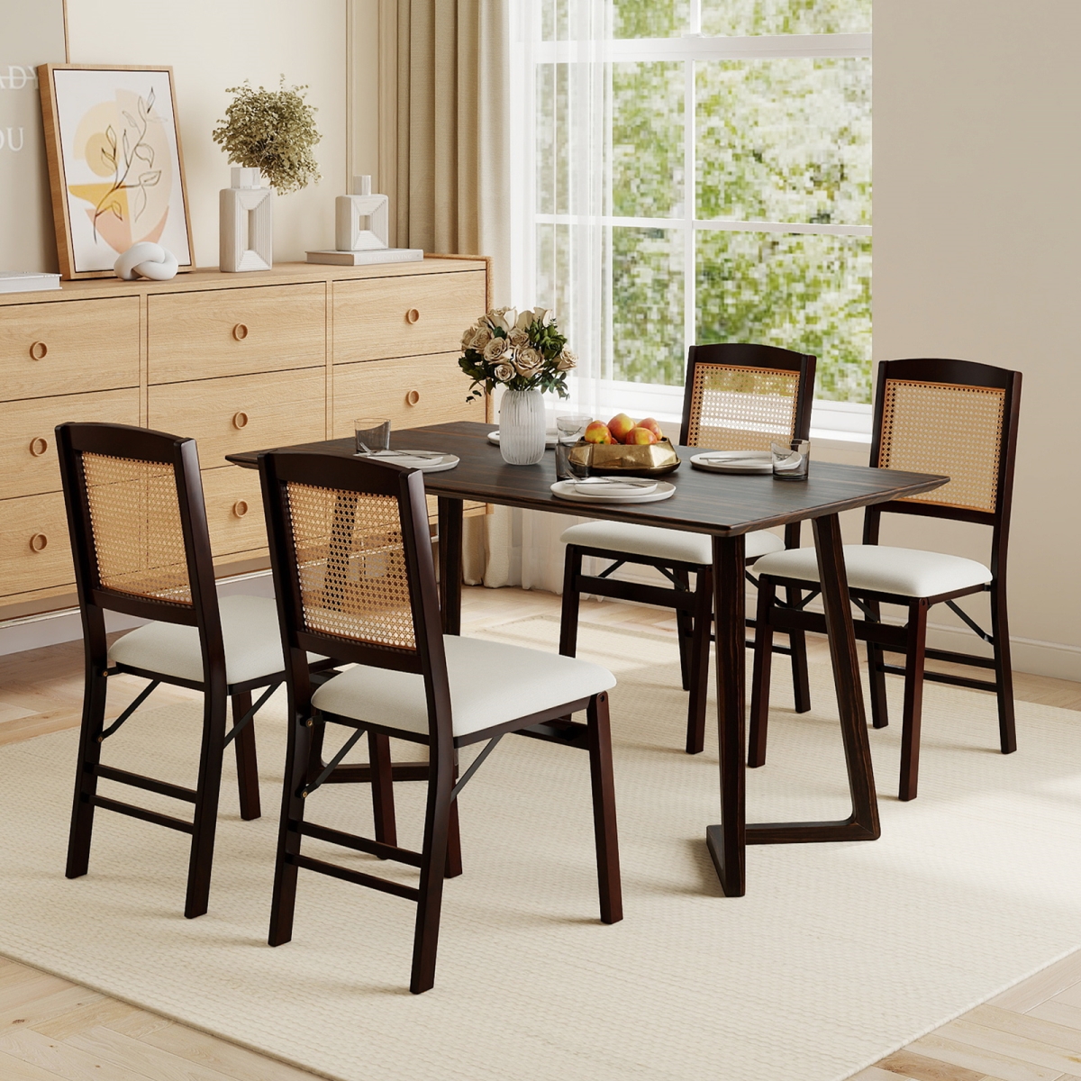 2-JV13311CF Rubber Wood Folding Dining Chairs with Linen Padded Seat & Backrest, Coffee & Beige - Set of 4