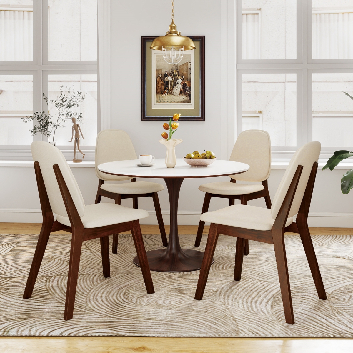 2-KC59232BN-2 Wooden Dining Chair - Mid-Century Modern Upholstered Side Armless Chair, Brown - Set of 4