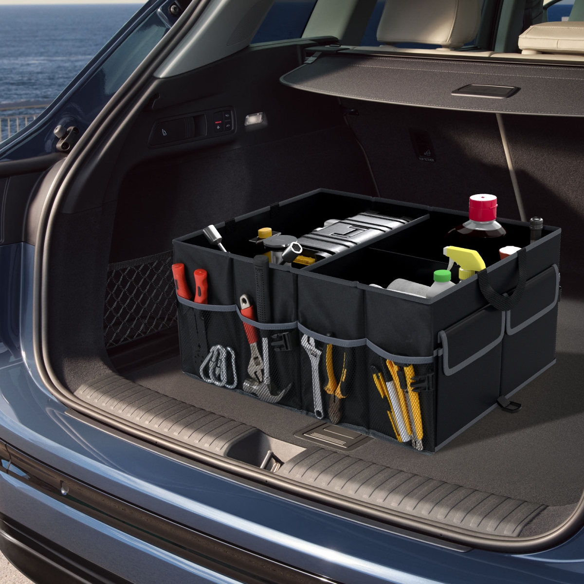 AX10014BK 13 gal Car Trunk Organizer with Removable Divider & 6 Pockets, Black
