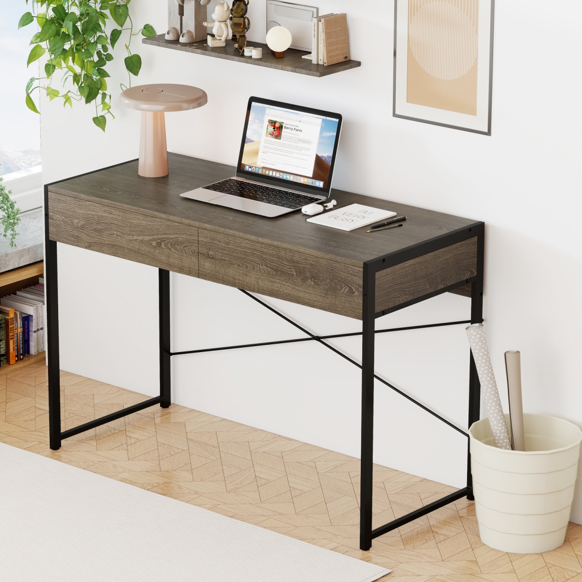 CB10929OA 44 in. Computer Desk with 2 Drawers Home Office Desk with Metal Frame, Oak